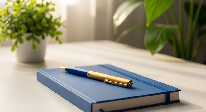A blue notebook with a gold and blue pen on a desk with a plant in the background