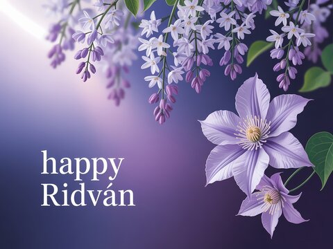 Happy ridvn greeting card with beautiful purple clematis flowers and lilac blossoms