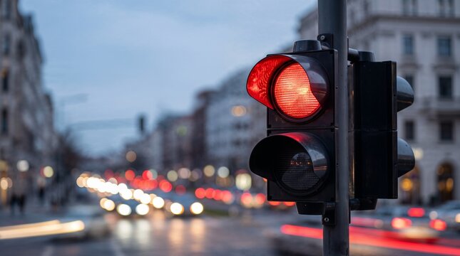 A red traffic light on a city street at dusk with blurred background.