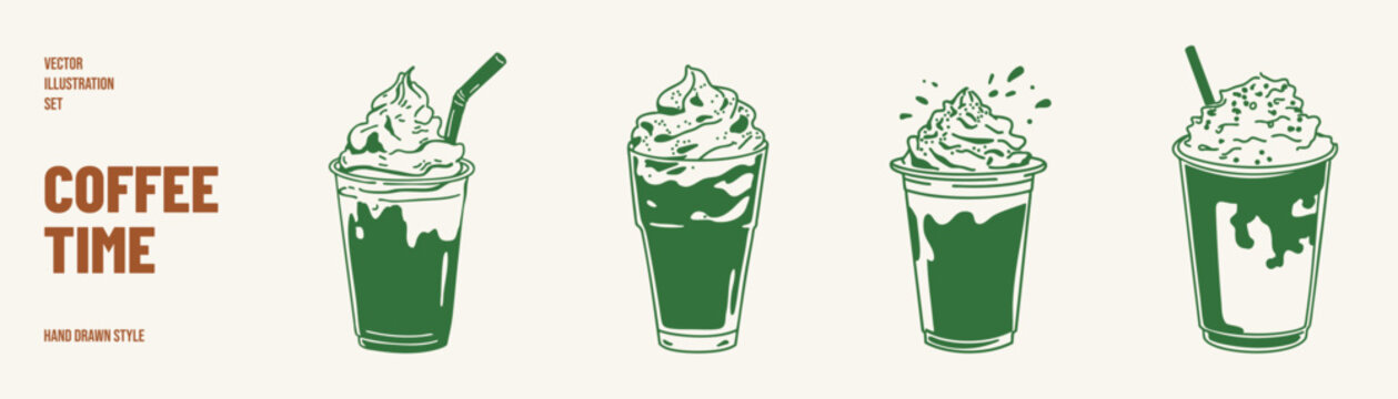 Cold coffee drinks milkshake cups with whipped cream. Illustrations for menu boards and dessert promotions. Hand drawn sketch, pencil style with playful details.