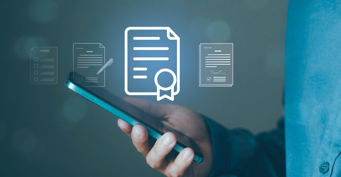 Online license certificate approval concept, electronic signature, form submission, verification process, compliance management and paperless workflow system. Businessman interacting document icons