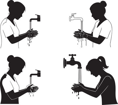 Women washing hands under faucets a black silhouette on transparent background. Women washing hands under faucets vector illustration.