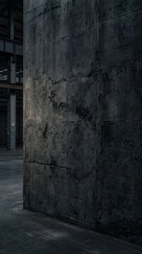 Concrete wall with subtle texture and cracks in a dimly lit industrial space, evoking a sense of raw, minimalist design