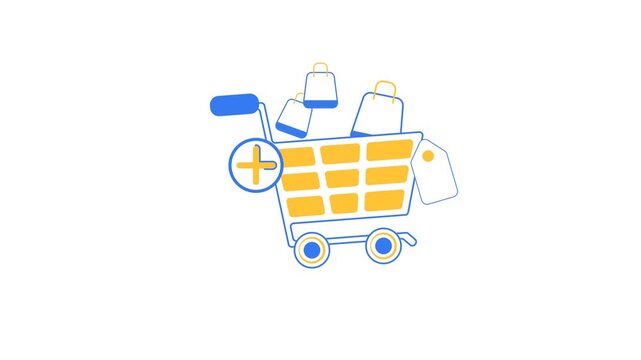 Shopping cart filled with bags and plus signs. Yellow and blue design on black background. Ideal for e-commerce or retail promotions. Simple icon style for digital or print use