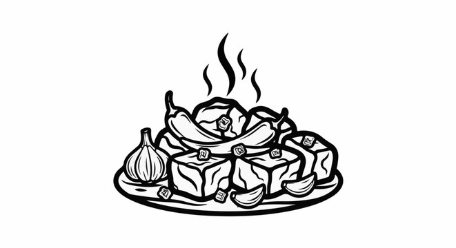Steaming hot dish with cubed food, chilies, garlic, and steam