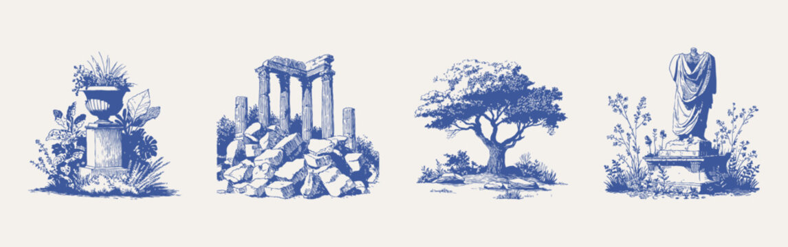 Elegant victorian statue and stone ruins with blue woodland plants. Pencil texture vector drawings for antique floral patterns or luxury wedding stationery.