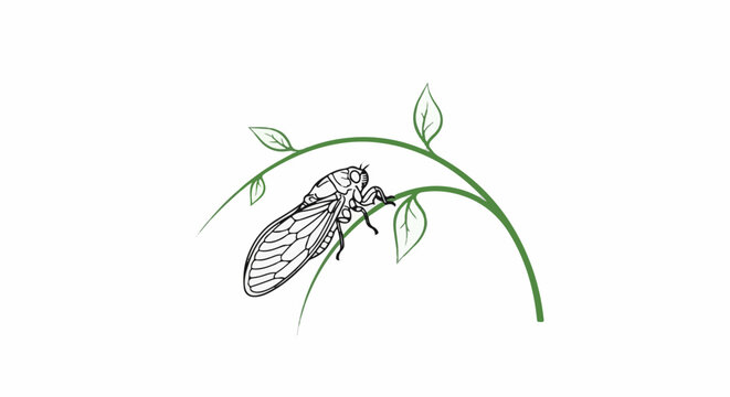 Ink drawing of a cicada perched on a curved green stem with leaves