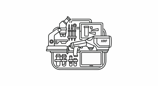 Outline of scientific instruments including microscope, XRF gun, screens, and tubes