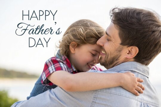Joyful Father Embracing Child with Happy Father's Day Greeting in Natural Outdoor Setting