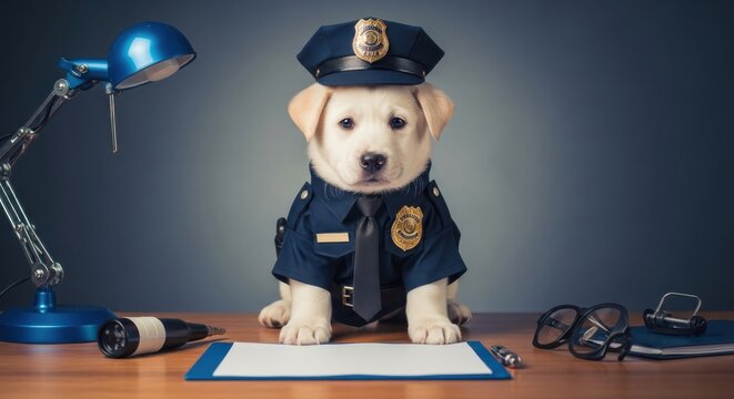 Adorable Labrador Puppy as a Police Officer Charming Canine Law Enforcer with Authority and Cuteness Safety and Security Responsible Pet with a Blue Uniform on Desk in Front of Lamp