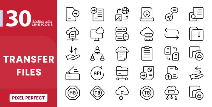 Transfer files icon set. Editable vector stroke illustration