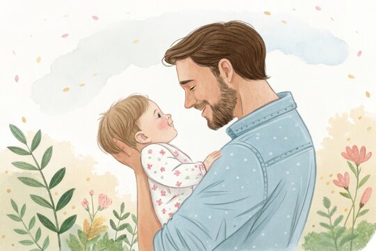 Father holding baby with joyful expression in a serene floral setting during sunny day