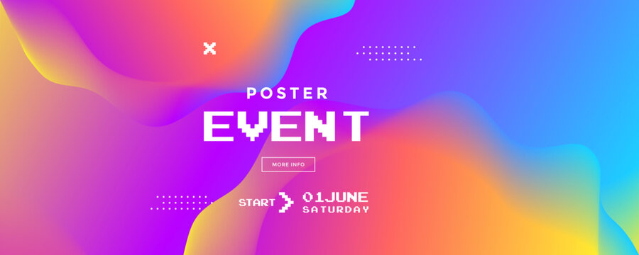 Vibrant abstract liquid background with flowing wavy shapes in neon pink blue and orange colors. Energetic festival backdrop