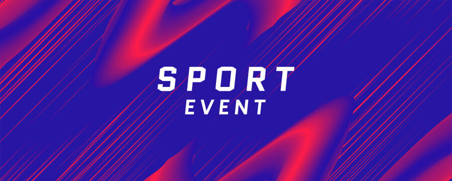 Sport event banner with red and blue gradients diagonal speed lines and fluid organic shapes on a deep blue background