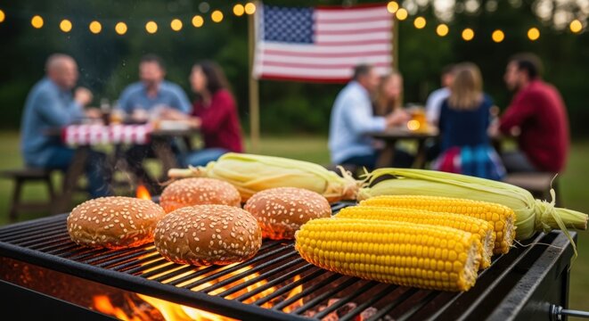 Summer BBQ Party with Burgers and Corn on Grill
