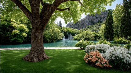 Naklejka premium Lush park with large tree green grass blooming flowers turquoise lake waterfall mountain summer peaceful nature