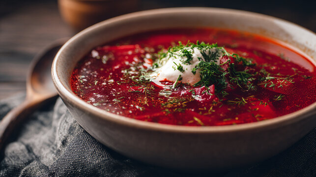 A delicious bowl of beetroot soup with sour cream