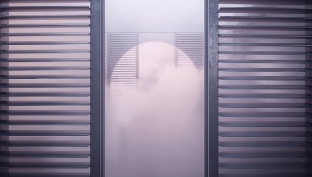 Abstract view of a misty passage framed by open louvered shutters revealing a circular opening in the fog