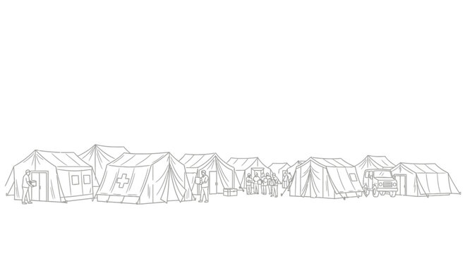 Emergency Refugee Camp Line Art Illustration: Tents, Medical Tent, People, and Vehicle