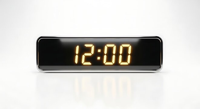 A sleek digital clock displaying 12:00 with bright orange LED digits. Its reflection on a white surface highlights modern timekeeping technology and precise accuracy