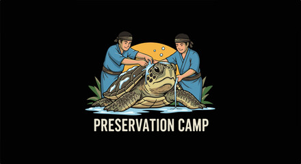 Obraz premium Two people caring for a sea turtle