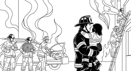 Obraz premium Firefighter Rescues Child from Burning Building Amidst Car Fire Emergency