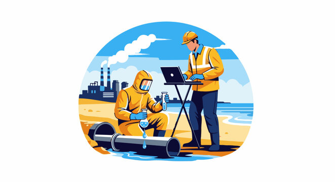 Two people in protective gear conduct water testing near a factory and ocean
