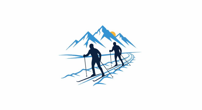 Two silhouetted figures cross-country ski past blue mountains under a setting sun
