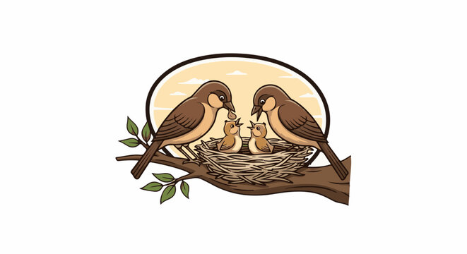 Two adult birds feed their two chicks in a nest on a tree branch, against a warm, oval sunset backdrop