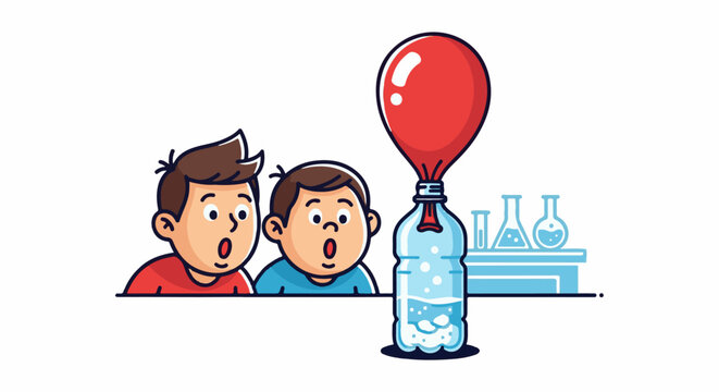 Two amazed children watch a balloon inflate from a bottle with bubbling liquid