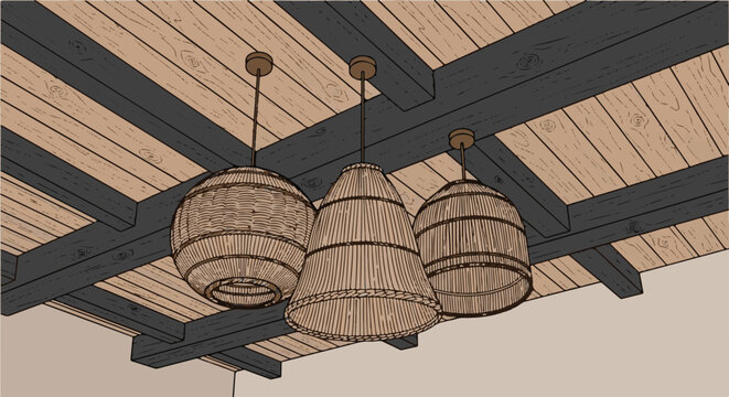 Three woven pendant lights hang from a rustic wooden beamed ceiling