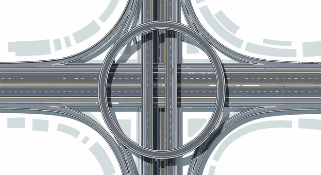 Top-down view of a complex highway interchange with multiple levels and curves