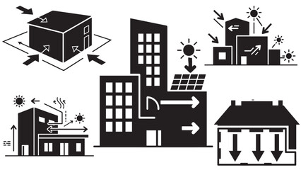 Naklejka premium Urban building energy efficiency concept with ventilation, solar power, arrows, and climate control icons