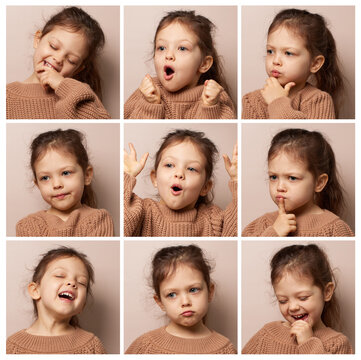 little child girl showing a range of feelings from happiness to annoyance in a facial expression set on beige background