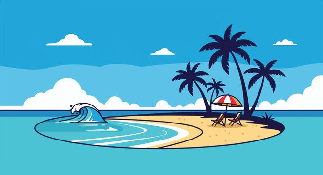Tropical island paradise with palm trees, beach chairs, and a breaking wave