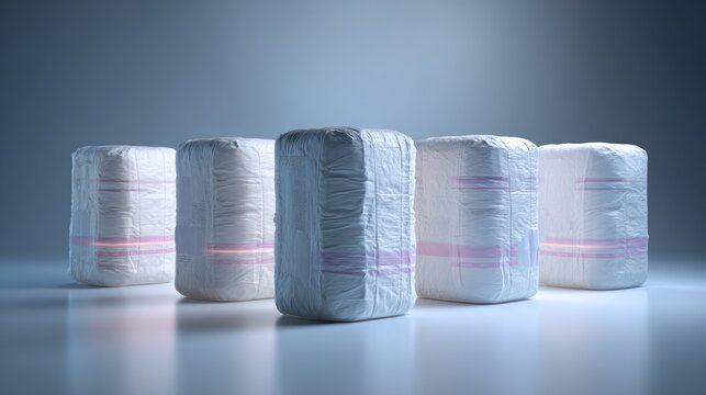 Five packages of diapers arranged in a row against a light blue background