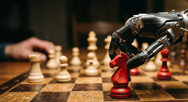 Robotic Hand Placing Red Chess Piece in Strategic Game of Artificial Intelligence
