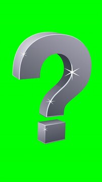 Floating metallic question mark representing doubt, curiosity, and the search for solutions. Chroma key green screen with alpha channel. (loopable)