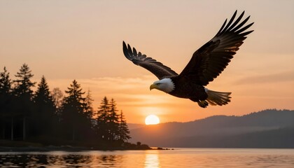 Naklejka premium Majestic bald eagle soars through a dramatic sunrise over a serene lake