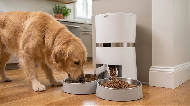 Golden retriever eating dry food from automatic feeder in kitchen. Smart technology device for pet care and nutrition management. Modern home appliance for animal feeding convenience.
