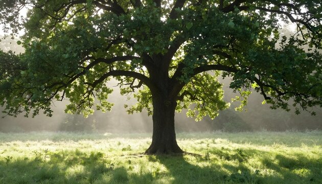 Majestic old oak tree stands in a misty meadow at sunrise