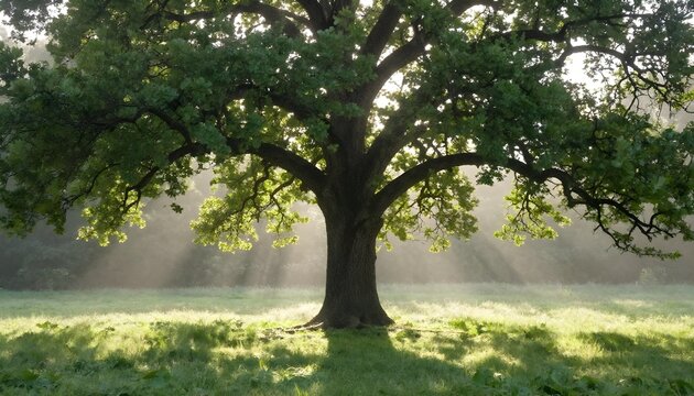 Majestic old oak tree stands in a sunlit meadow with morning mist