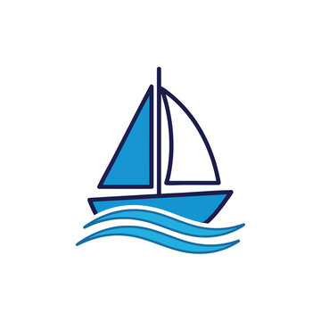 Minimalist vector illustration of a sailboat on blue waves.