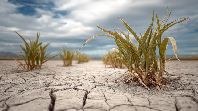 Dry cracked soil dead crop drought climate change agriculture field sky environmental crisis brown green