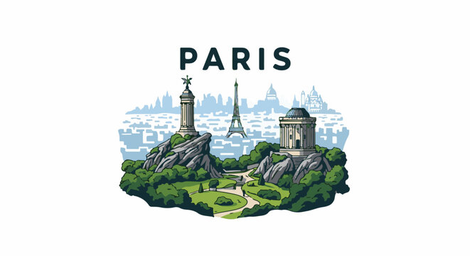 Stylized Paris cityscape with iconic landmarks and lush greenery