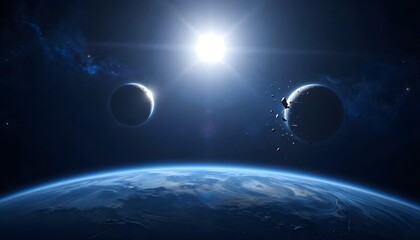 Fototapeta premium Vast cosmic vista with planets, asteroids, and a bright star in deep space