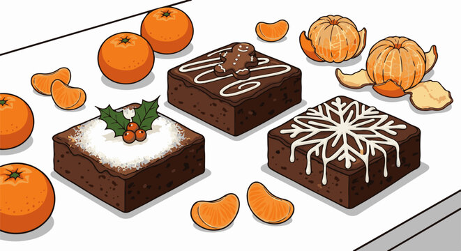 Three square brownies topped with festive designs, surrounded by whole and peeled mandarins