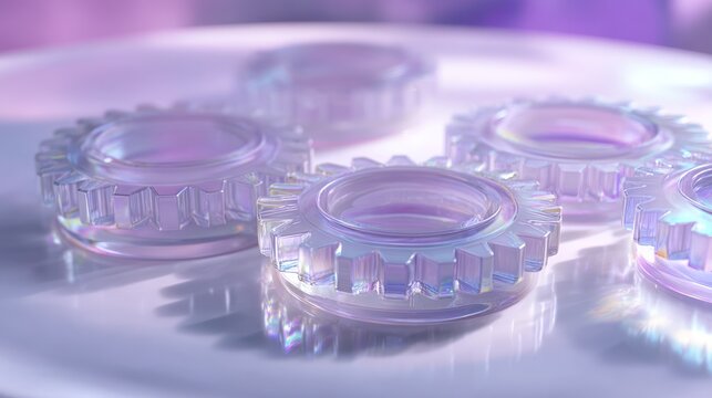 Close-up of iridescent gears on a plate