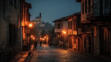 Obraz premium Quiet Balkan Village at Night: Old Stone Houses, Lantern Glow and a Distant Church Spire