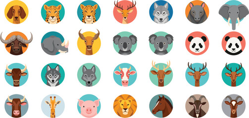 Obraz premium Large Collection of Colorful Flat Design Animal Avatar Icons Featuring Wildlife and Domestic Species for Mobile Apps, Educational Materials, Web UI, and Digital Graphics